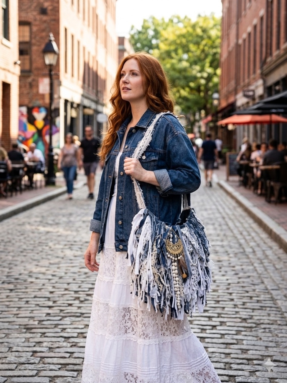 Boho Fringe Denim Tassel Shoulder Bag - Blue & White